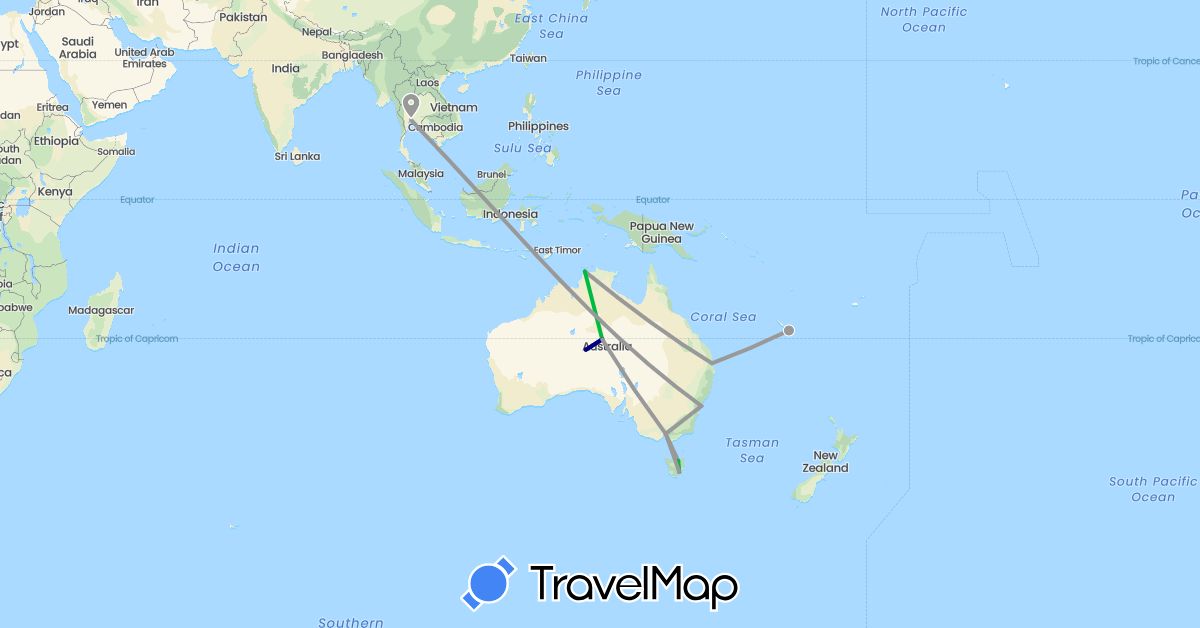TravelMap itinerary: driving, bus, plane in Australia, New Caledonia, Thailand (Asia, Oceania)